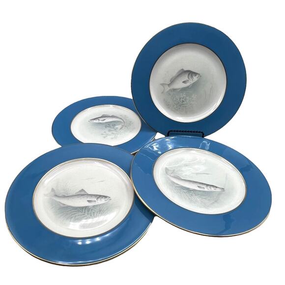 4 Lenox Fish Plates Hand Painted W H Morley Teal Gold Trim Bailey Banks Biddle - Picture 2 of 9